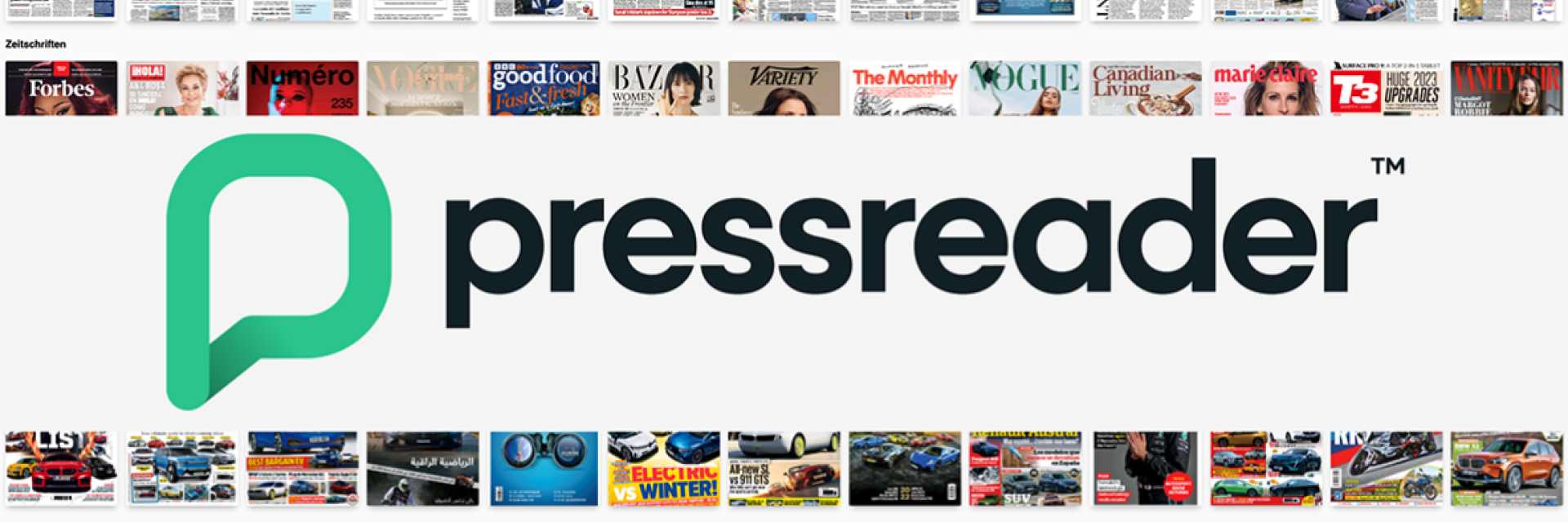 Pressreader logo on top of magazine covers